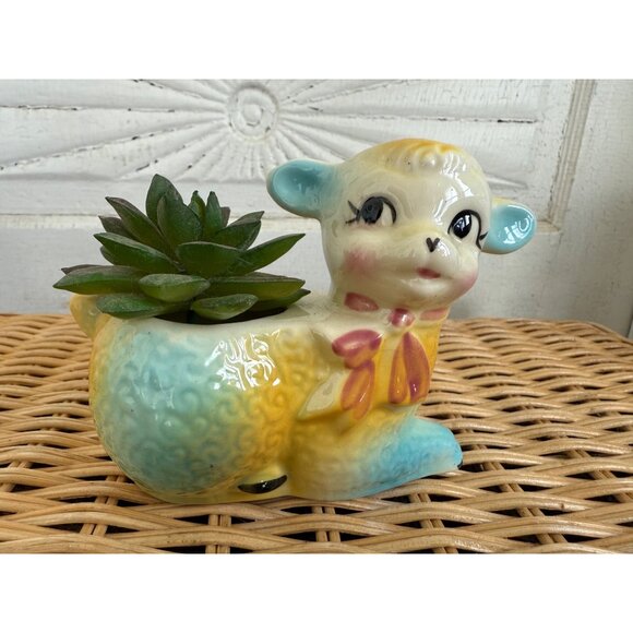 Vintage 40's Shawnee Lamb/sheep Planter Vase Yellow and Blue - Picture 10 of 10